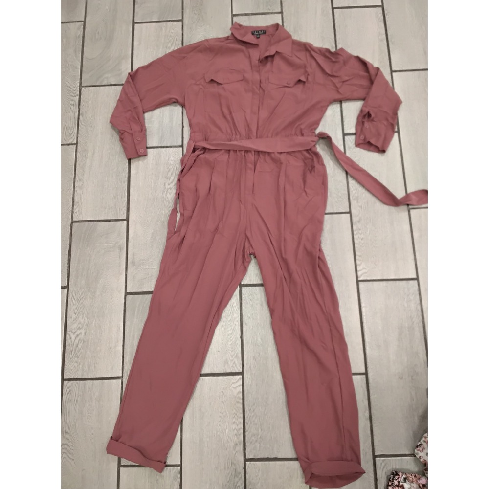 Trixxi Womens Mauve Long Sleeve Utility Jumpsuit Button Front Belted XL - Picture 2 of 7
